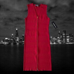 NWT Karl Lagerfeld Paris Red Ribbed Zip Bodycon Y2K‎ Minimalist Power Dress Sz S